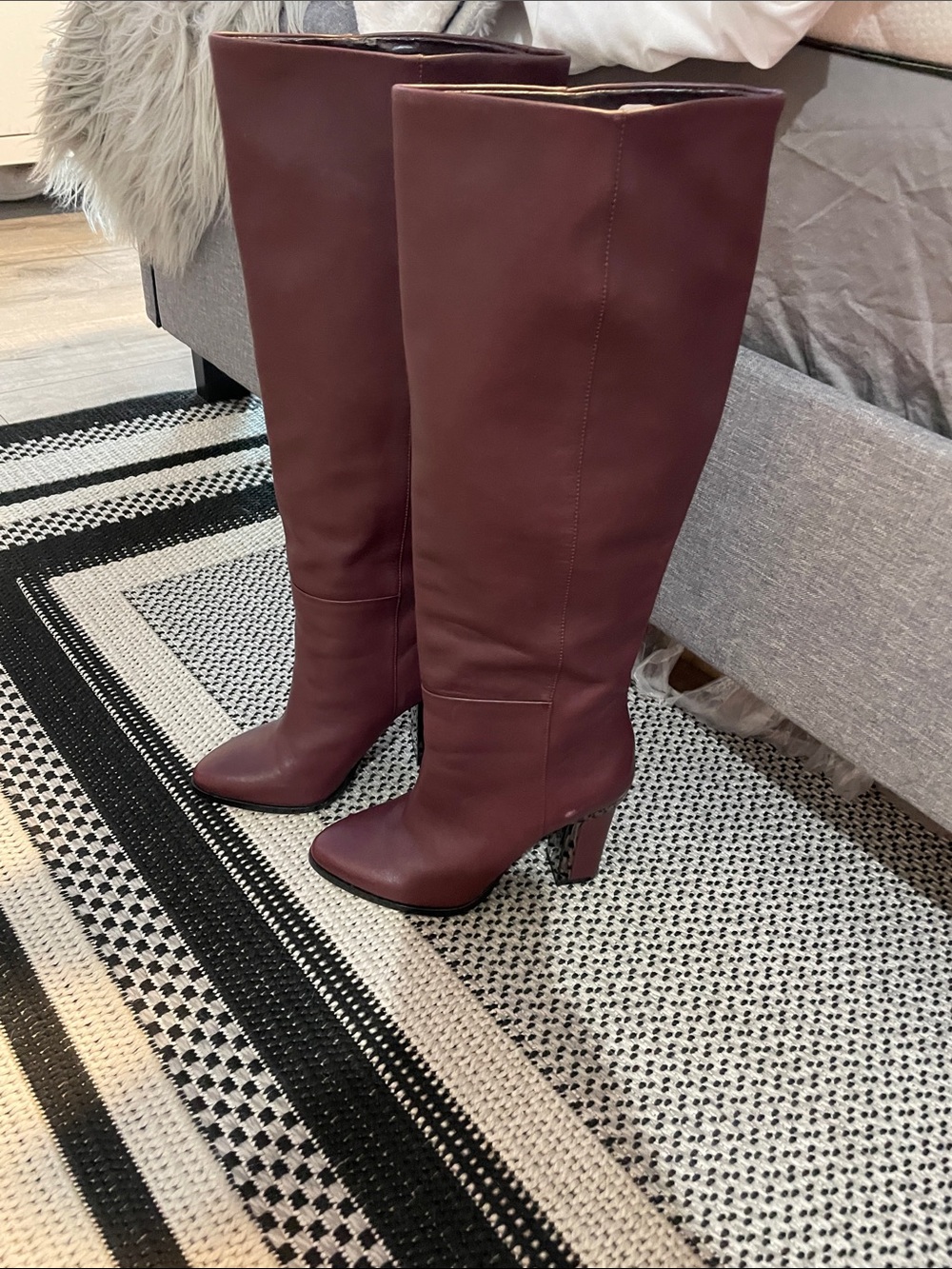 BCBGMaxAzria Burgundy Knee-High Leather Block Heel Boots